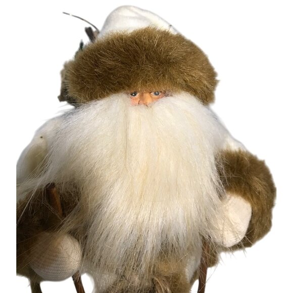Skiing Santa Claus Figure 12" Faux Fur Burlap Wooden Ski Rustic Christmas - Picture 2 of 10